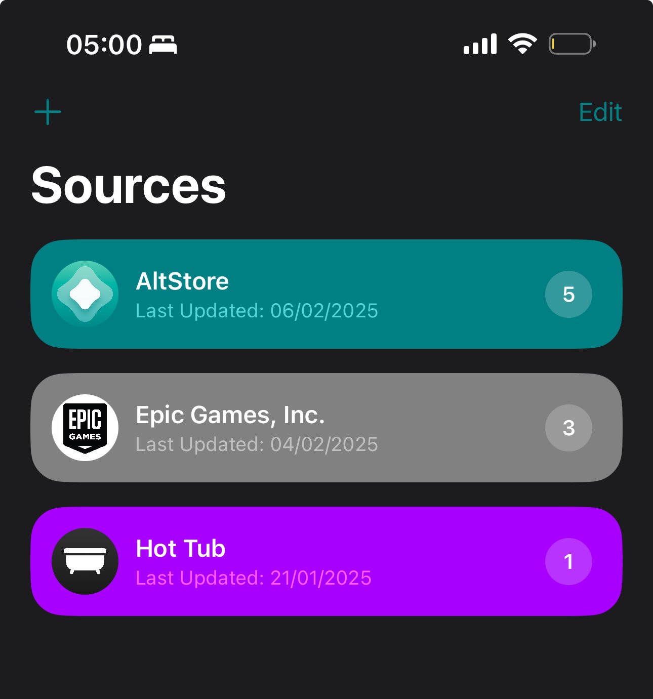 Screenshot from the AltStore on iOS showing 3 sources: AltStore, Epic Games and Hot Tub. Each source offers an number of apps available for download