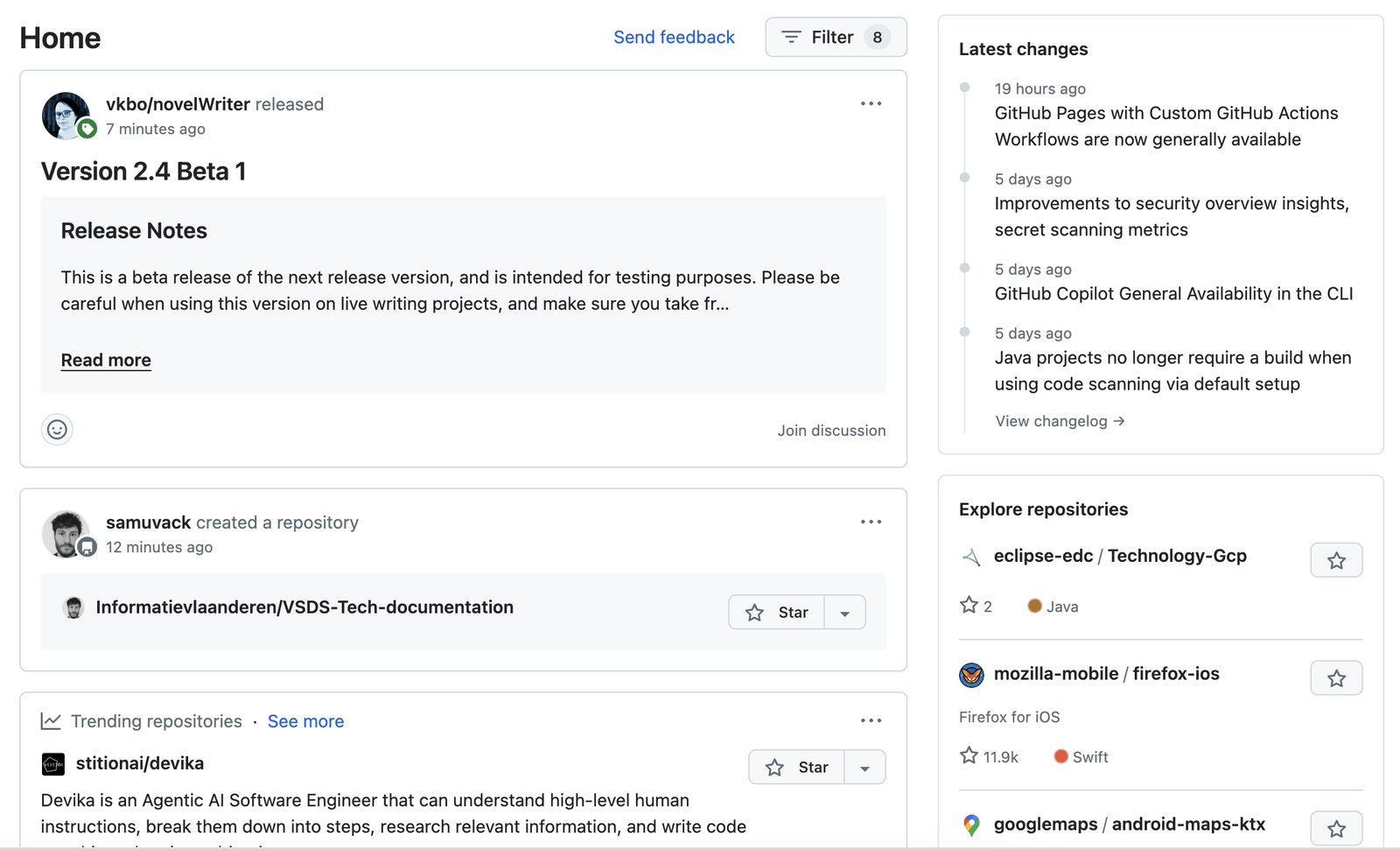 Screenshot from GitHub's Home page with activity and trending repositories