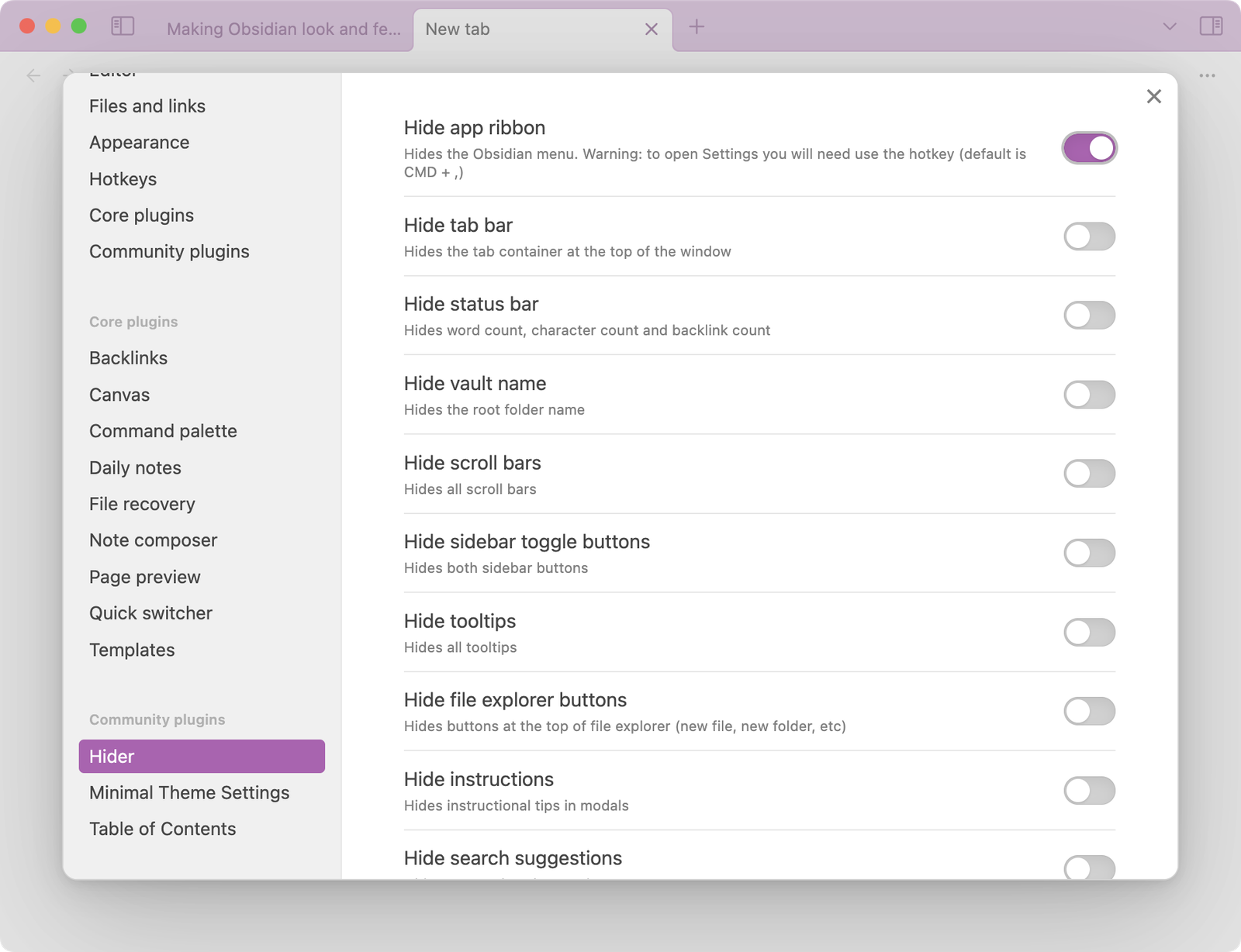 Obsidian Hider extension hide the app ribbon toggle