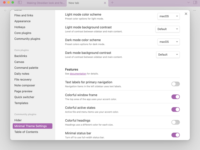 Obsidian Minimal Theme Settings toggles