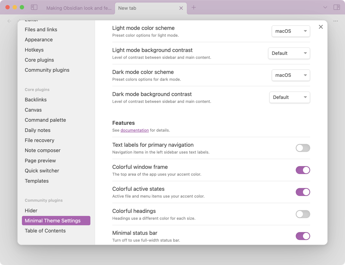 Obsidian Minimal Theme Settings toggles