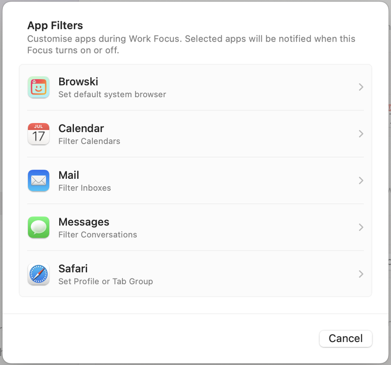 Screenshot from System Settings showing Focus App Filters