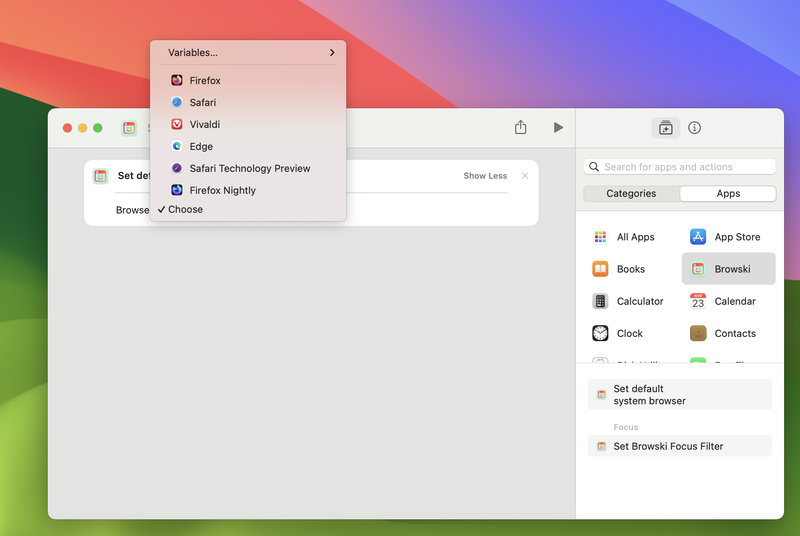Screenshot from the Shortcuts app showing Browski actions