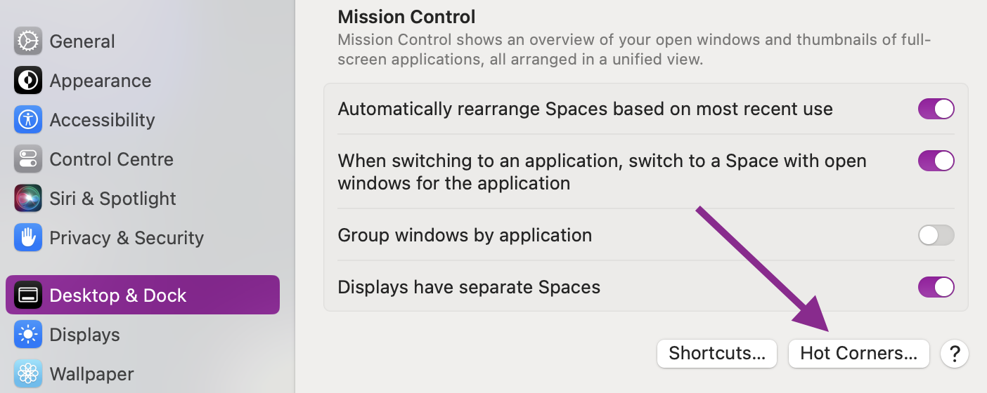 Screenshot macOS Mission Control Settings