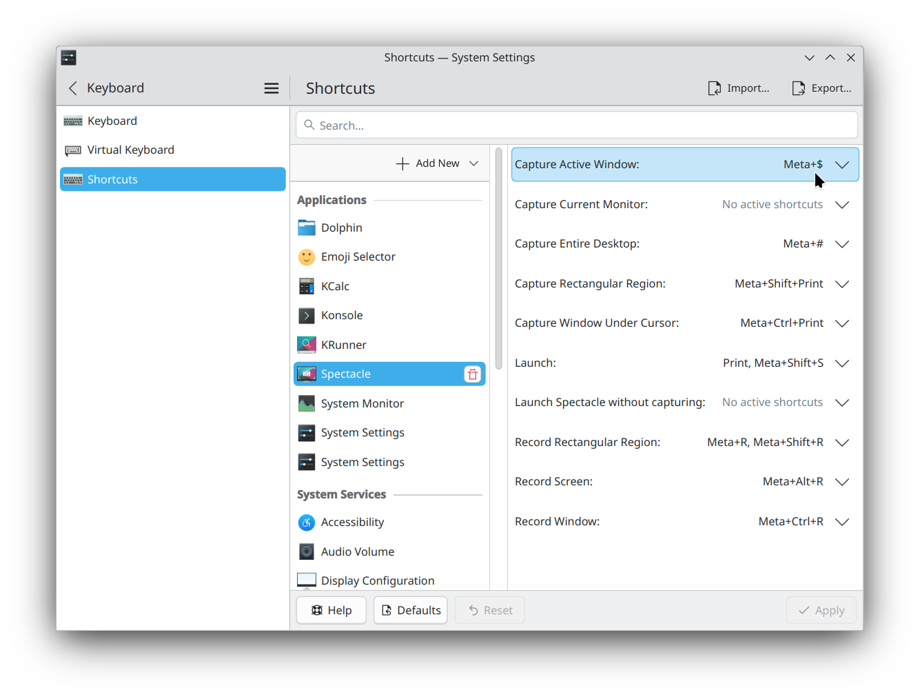 Screenshot from KDE Settings for Shortcuts