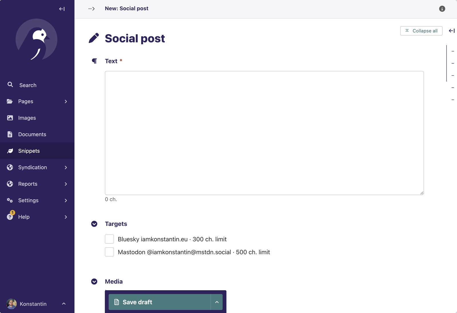 Screenshot from the admin UI of my blog where I can compose a social post and post it to multiple social networks